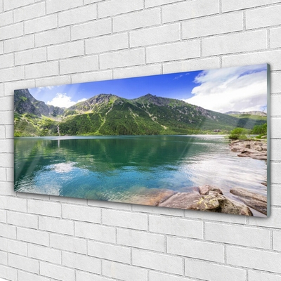 Glass Wall Art Mountain lake landscape grey green blue