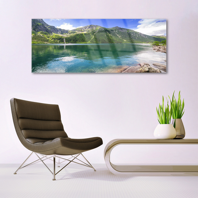 Glass Wall Art Mountain lake landscape grey green blue