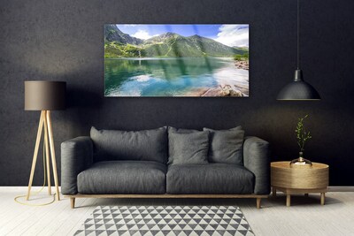 Glass Wall Art Mountain lake landscape grey green blue