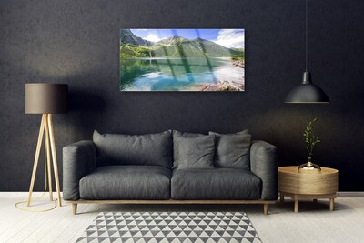 Glass Wall Art Mountain lake landscape grey green blue