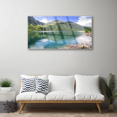 Glass Wall Art Mountain lake landscape grey green blue