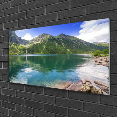 Glass Wall Art Mountain lake landscape grey green blue