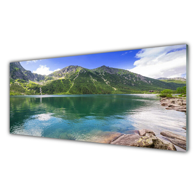 Glass Wall Art Mountain lake landscape grey green blue