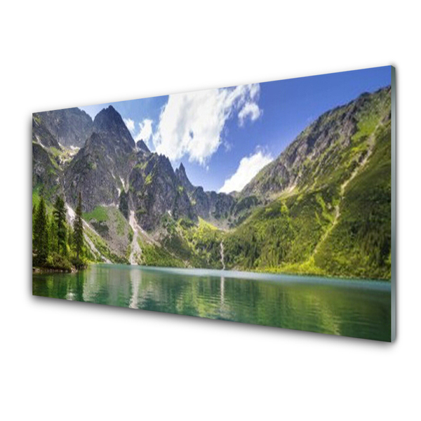 Glass Wall Art Mountain lake landscape grey green blue