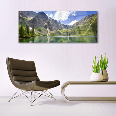 Glass Wall Art Mountain lake landscape grey green blue