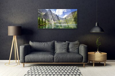 Glass Wall Art Mountain lake landscape grey green blue