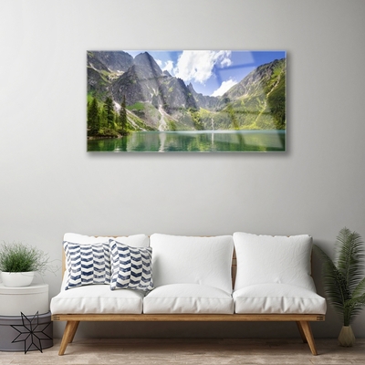 Glass Wall Art Mountain lake landscape grey green blue