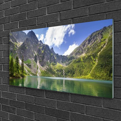 Glass Wall Art Mountain lake landscape grey green blue