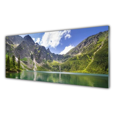 Glass Wall Art Mountain lake landscape grey green blue