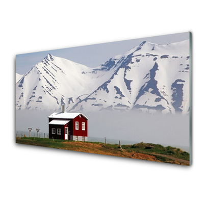 Glass Wall Art Mountain house landscape white grey brown green