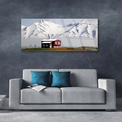 Glass Wall Art Mountain house landscape white grey brown green