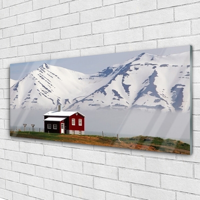 Glass Wall Art Mountain house landscape white grey brown green