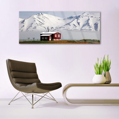 Glass Wall Art Mountain house landscape white grey brown green