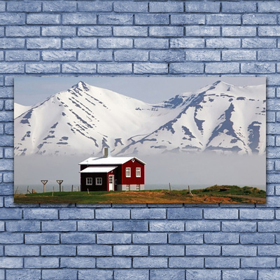 Glass Wall Art Mountain house landscape white grey brown green