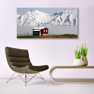 Glass Wall Art Mountain house landscape white grey brown green