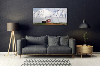 Glass Wall Art Mountain house landscape white grey brown green