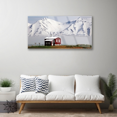 Glass Wall Art Mountain house landscape white grey brown green