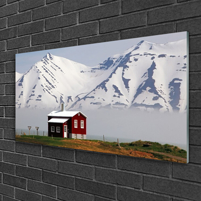 Glass Wall Art Mountain house landscape white grey brown green