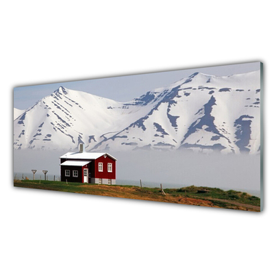 Glass Wall Art Mountain house landscape white grey brown green