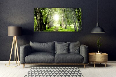 Glass Wall Art Forest sun footpath nature brown green yellow