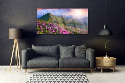 Glass Wall Art Mountains meadow flowers landscape blue green pink