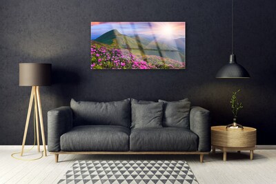 Glass Wall Art Mountains meadow flowers landscape blue green pink