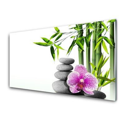 Glass Wall Art Bamboo cane flower stones floral green pink grey