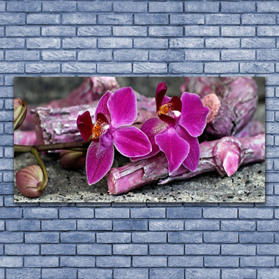 Glass Wall Art Wood flowers floral brown red