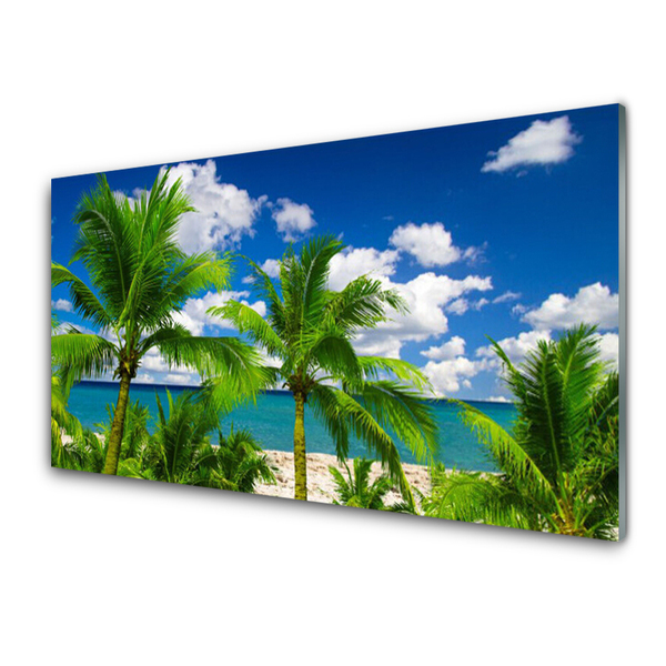 Glass Wall Art Sea palm trees landscape green blue