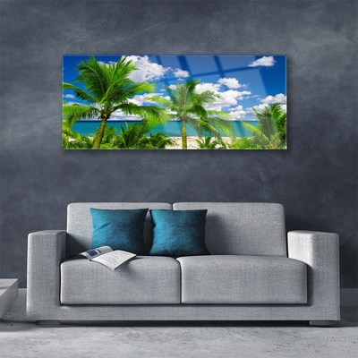 Glass Wall Art Sea palm trees landscape green blue