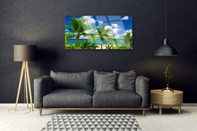 Glass Wall Art Sea palm trees landscape green blue