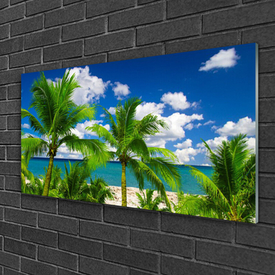 Glass Wall Art Sea palm trees landscape green blue