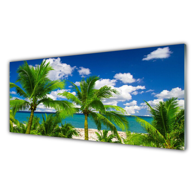 Glass Wall Art Sea palm trees landscape green blue