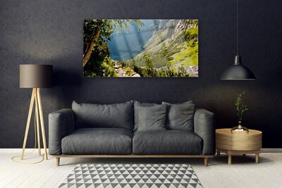 Glass Wall Art Mountain forest nature grey green