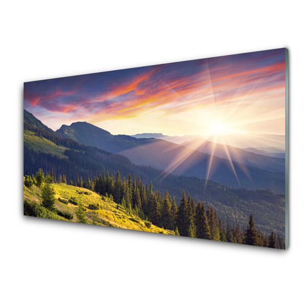 Glass Wall Art Mountain forest sun landscape blue green yellow