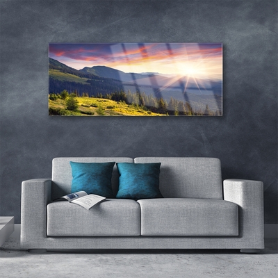 Glass Wall Art Mountain forest sun landscape blue green yellow