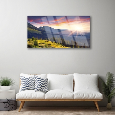 Glass Wall Art Mountain forest sun landscape blue green yellow