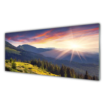 Glass Wall Art Mountain forest sun landscape blue green yellow