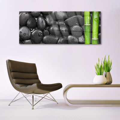 Glass Wall Art Bamboo stalk stones art green black