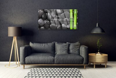 Glass Wall Art Bamboo stalk stones art green black