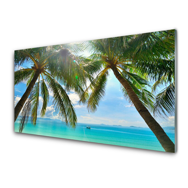 Glass Wall Art Palm tree sea landscape brown green blue