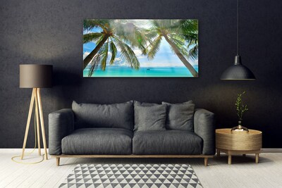 Glass Wall Art Palm tree sea landscape brown green blue