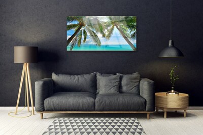 Glass Wall Art Palm tree sea landscape brown green blue