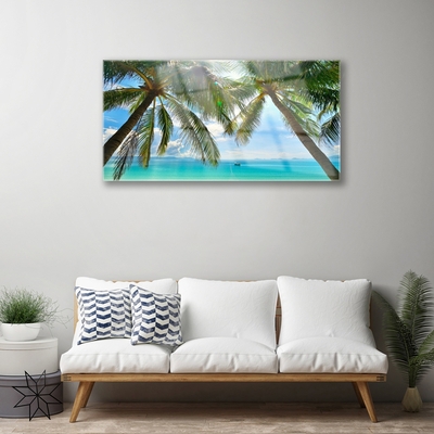 Glass Wall Art Palm tree sea landscape brown green blue