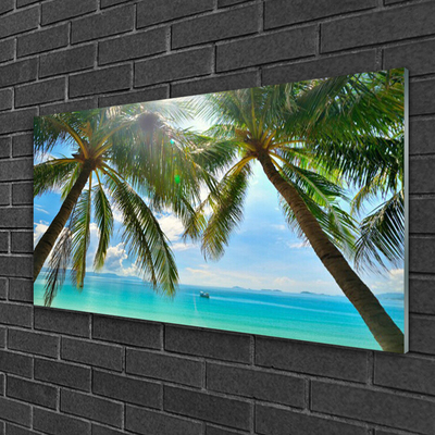 Glass Wall Art Palm tree sea landscape brown green blue