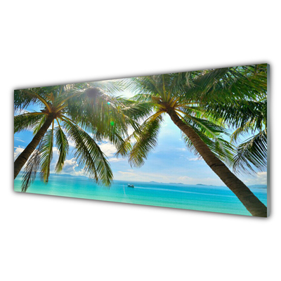 Glass Wall Art Palm tree sea landscape brown green blue