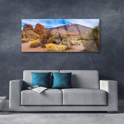 Glass Wall Art Mountains landscape green yellow brown grey