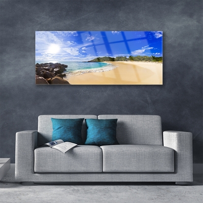 Glass Wall Art Sun sea beach landscape yellow blue brown