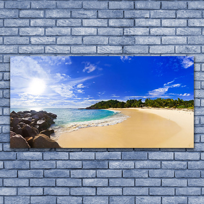 Glass Wall Art Sun sea beach landscape yellow blue brown