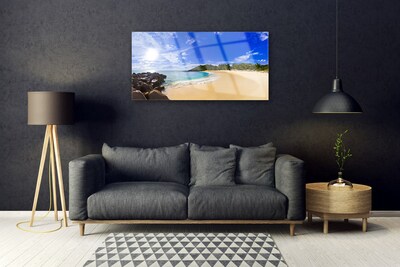 Glass Wall Art Sun sea beach landscape yellow blue brown